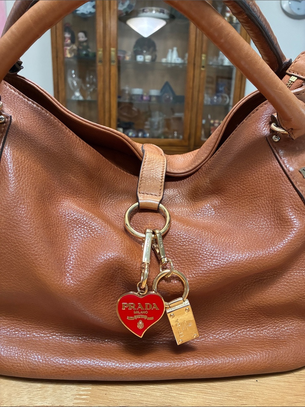 Prada Cognac Brown Leather Shoulder Bag with Heart Charm - Picture 4 of 11
